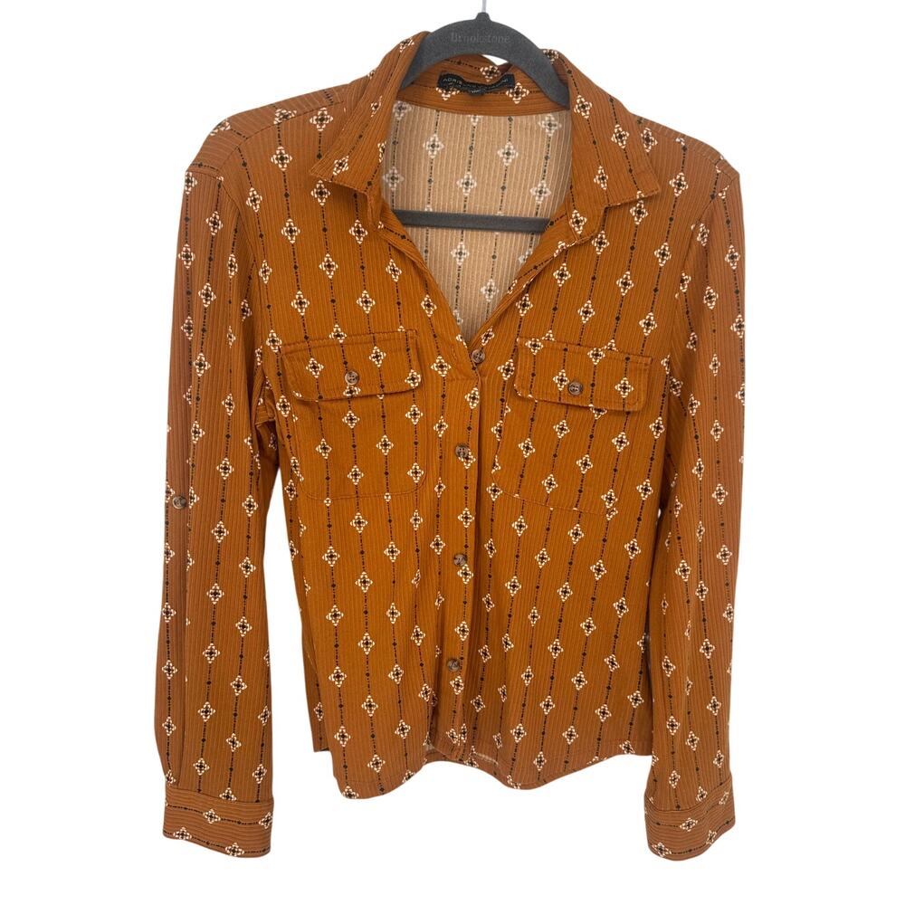 Adrienne Vittadini Brown Geometric Print Button-Up Top Workwear Office Stretch S